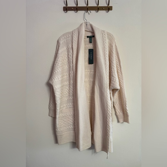 Ralph Lauren Sweaters - Ralph Lauren Cream Cable Knit Open Front Cardigan Wool Blend Plus Size NWT 1X